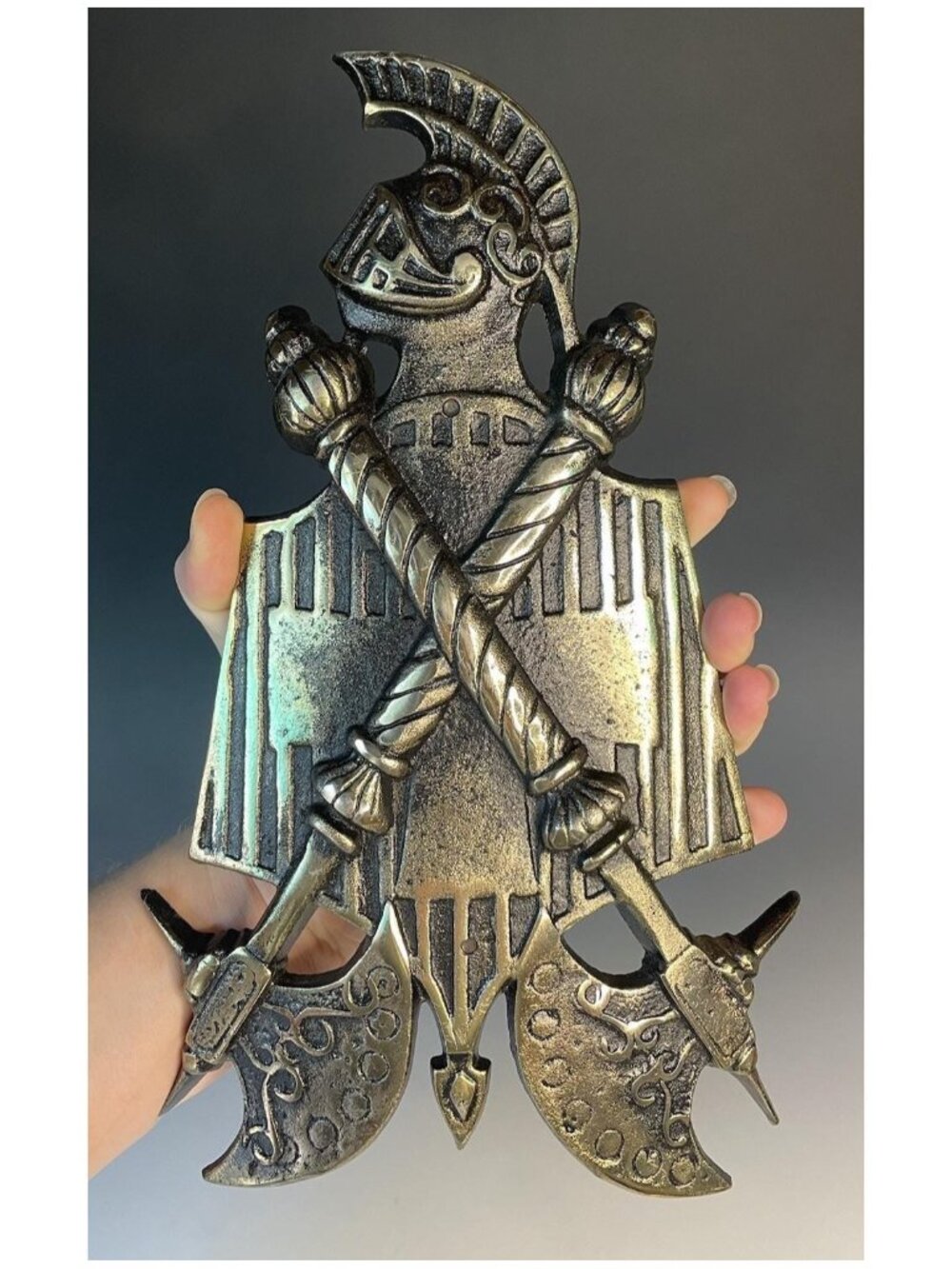 Mid-Century Cast Metal Knight w/ Axes Wall Decor Hanging Art Vintage Retro